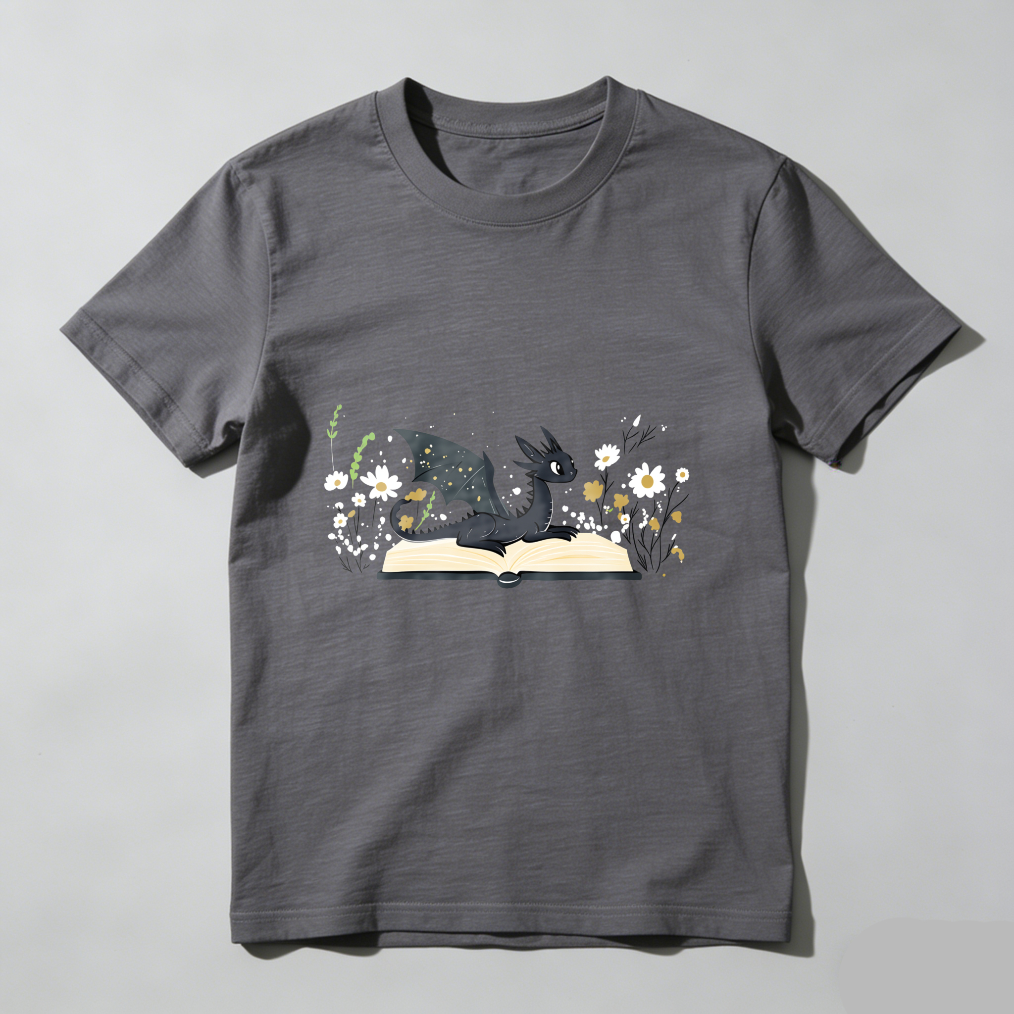 Wardrobecart Dragon Reading Book With Flowers Tshirt