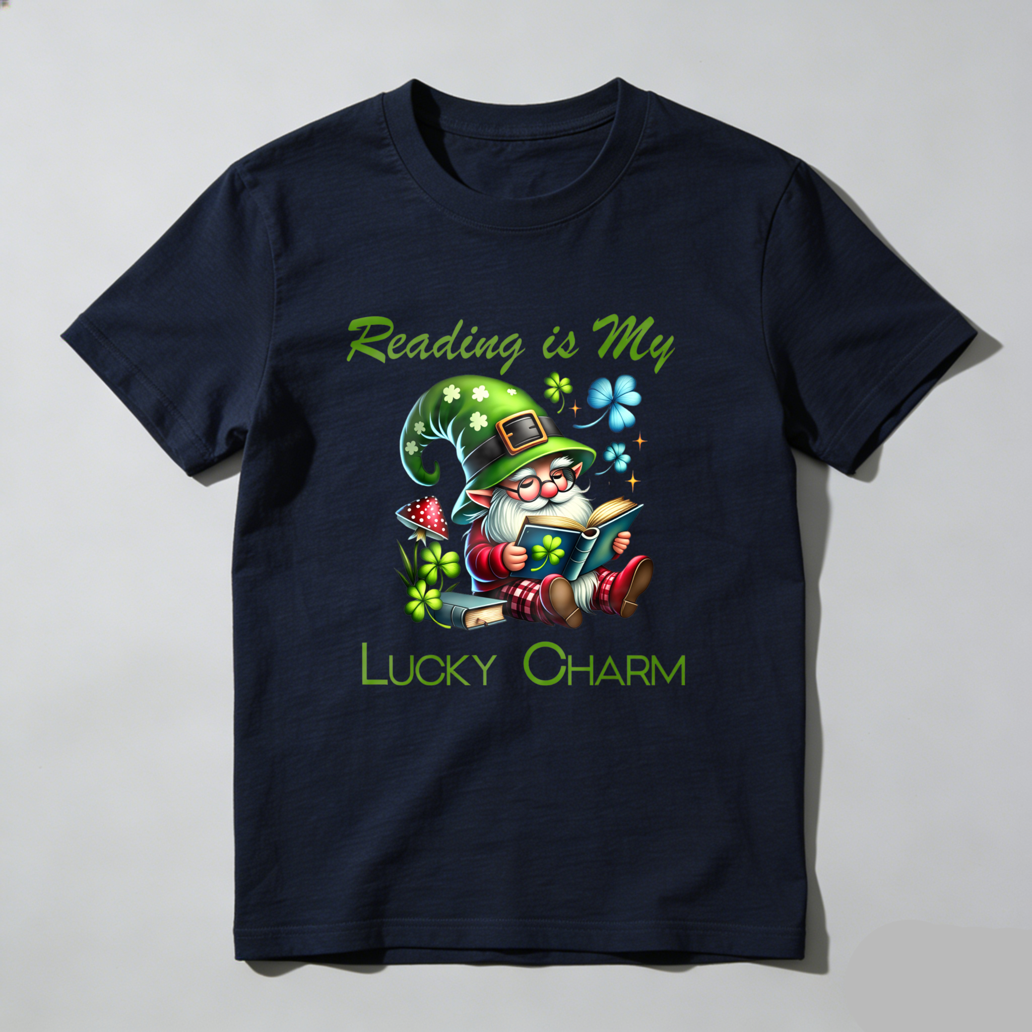 Wardrobecart Gnome Reading Book With Clover Hat tshirt