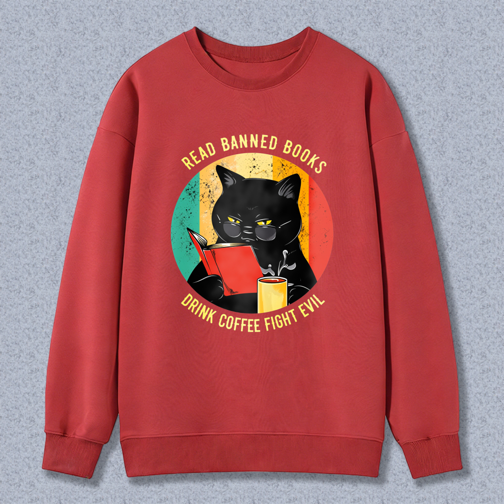 Wardrobecart Black Cat Reading Book With Coffee And Banned Books Text Unisex Classic Sweatshirt