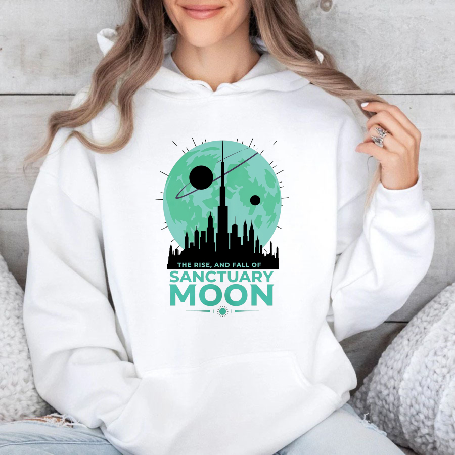 Wardrobecart Sanctuary Moon Cityscape With Planet And Text The Rise And Fall Of Sanctuary Moon Unisex Classic Hoodie