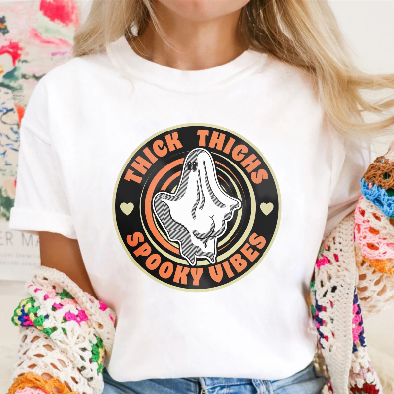 Thick Thighs Spooky Vibes Ghost Halloween Retro Circle, Unisex Classic T-shirt
