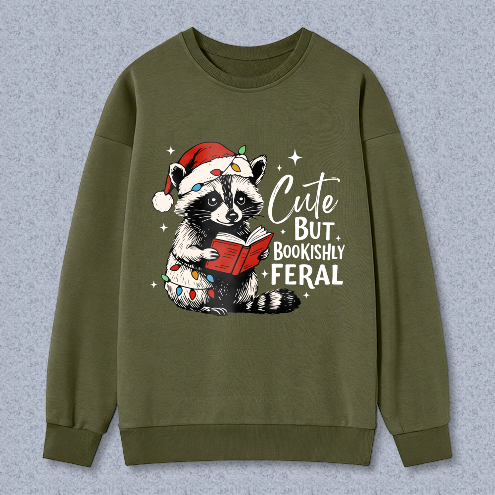 Wardrobecart Raccoon Reading Book With Santa Hat And Christmas Lights Unisex Classic Sweatshirt