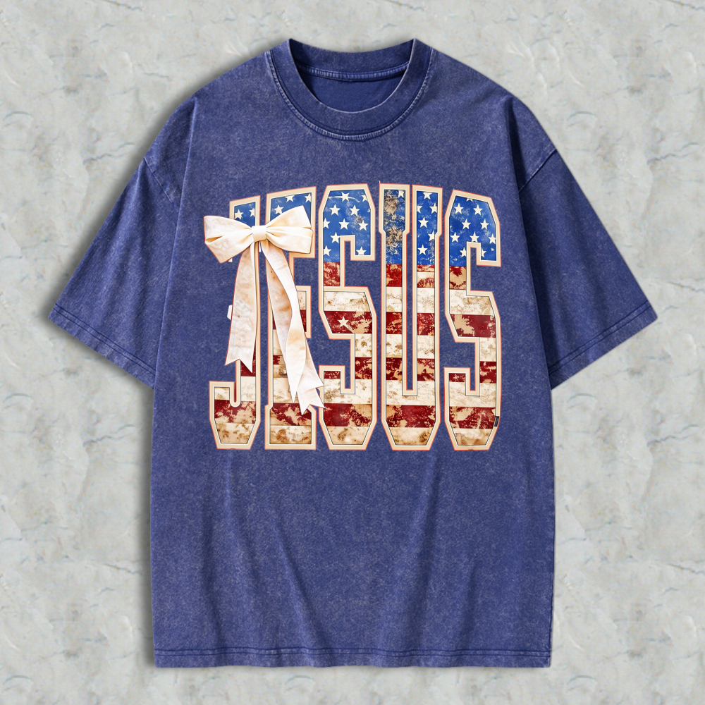 Jesus American Flag Design Washed T-shirt