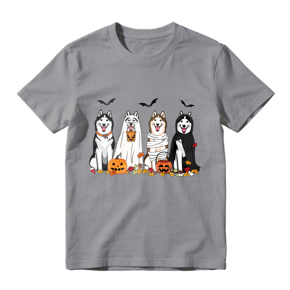Halloween Husky Dogs In Costumes With Pumpkins And Bats, Unisex Classic T-shirt