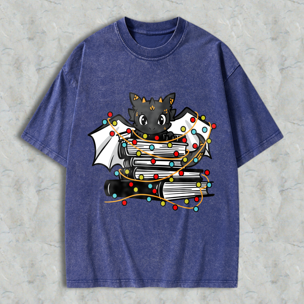 Wardrobecart Cute Bat With Books And Christmas Lights Unisex Washed T-shirt