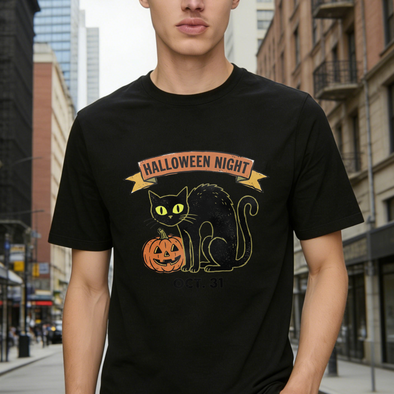Halloween Night Black Cat And Pumpkin, Unisex Classic T-shirt