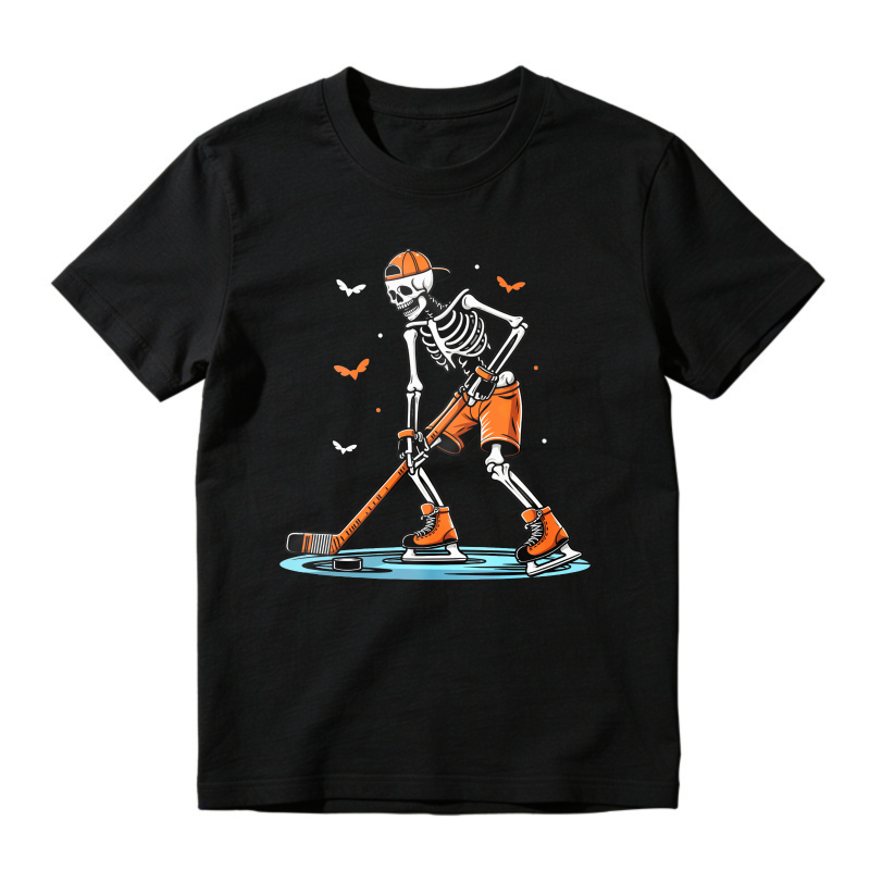 Skeleton Hockey Player With Orange Helmet And Stick Unisex Classic T-shirt