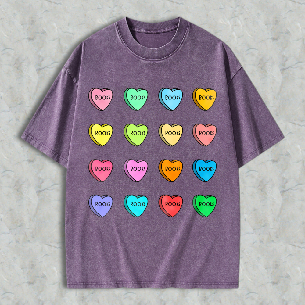 Wardrobecart Colorful Heart Candy Pattern With Book Text Unisex Washed T-shirt