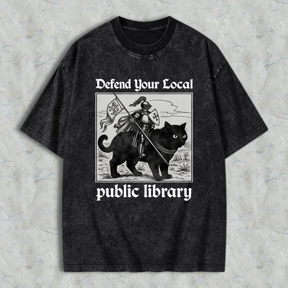 Wardrobecart Knight And Cat Defend Your Local Public Library Unisex Washed T-shirt