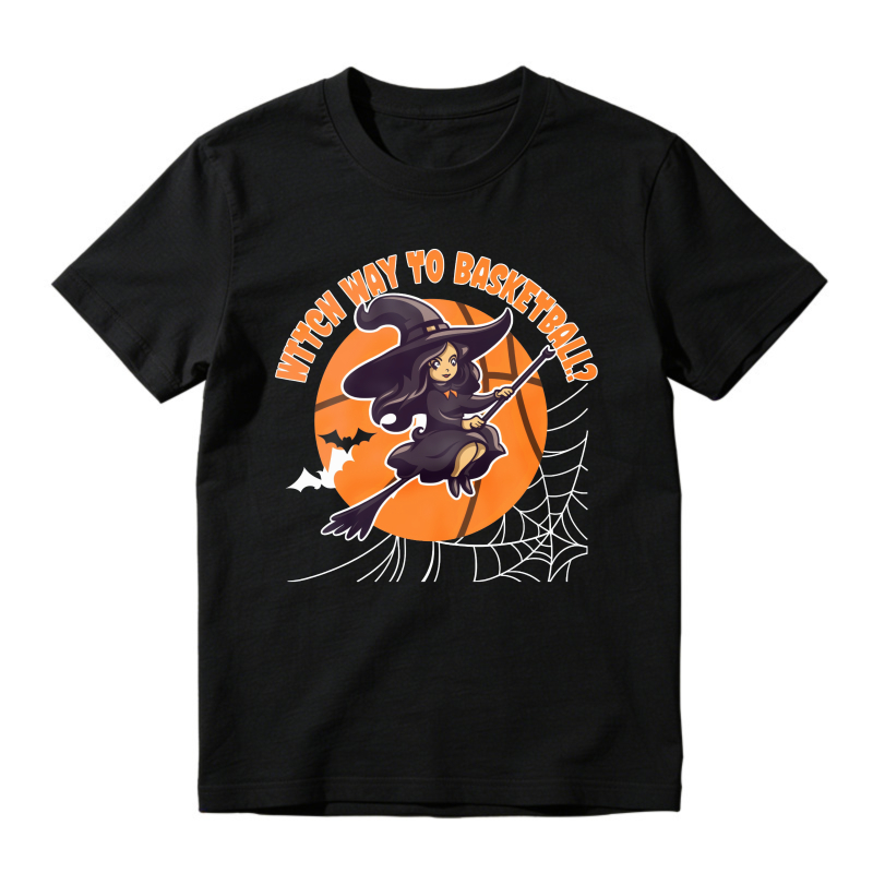 Witch Way To Basketball Halloween Witch Flying On Broomstick Over Orange Moon With Spiderweb And Bats Unisex Classic T-shirt