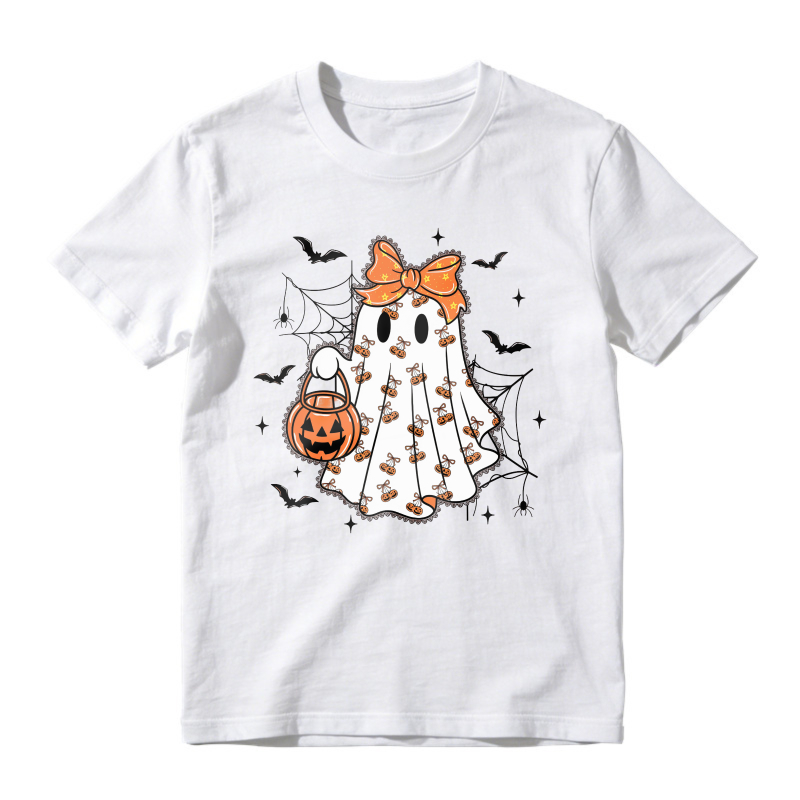 Cute Ghost With Orange Bow And Pumpkin Bucket Halloween Design Unisex Classic T-shirt