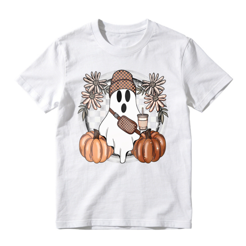 Cute Ghost With Pumpkin And Coffee Cup Floral Frame, Unisex Classic T-shirt