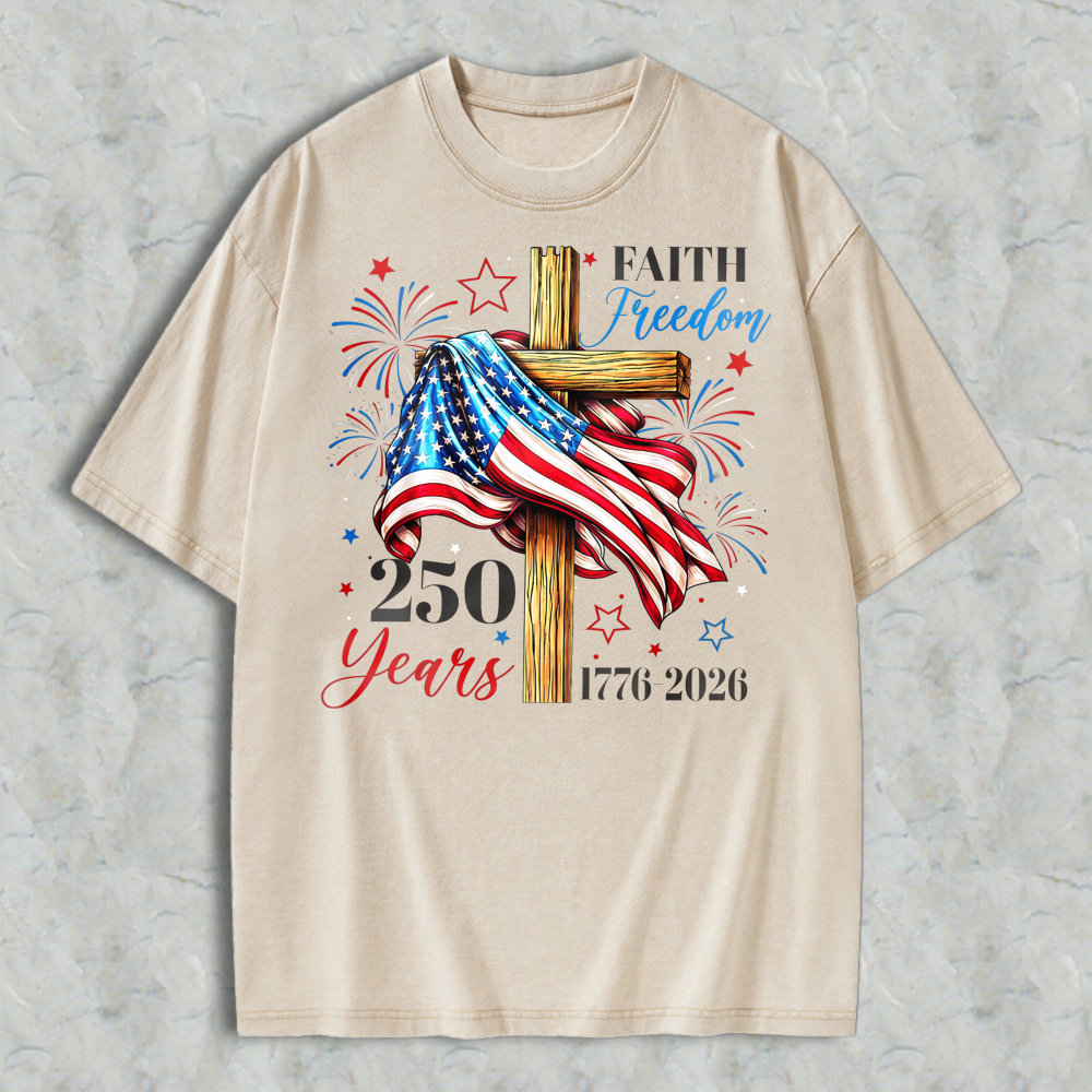 American Flag Cross Faith Freedom 250 Years 1776 2026 Washed T-shirt