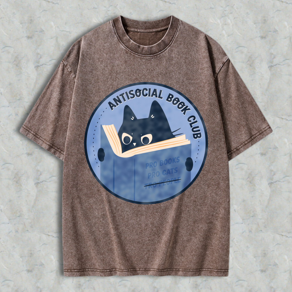 Wardrobecart Antisocial Book Club Cat Reading Book Design Unisex Washed T-shirt
