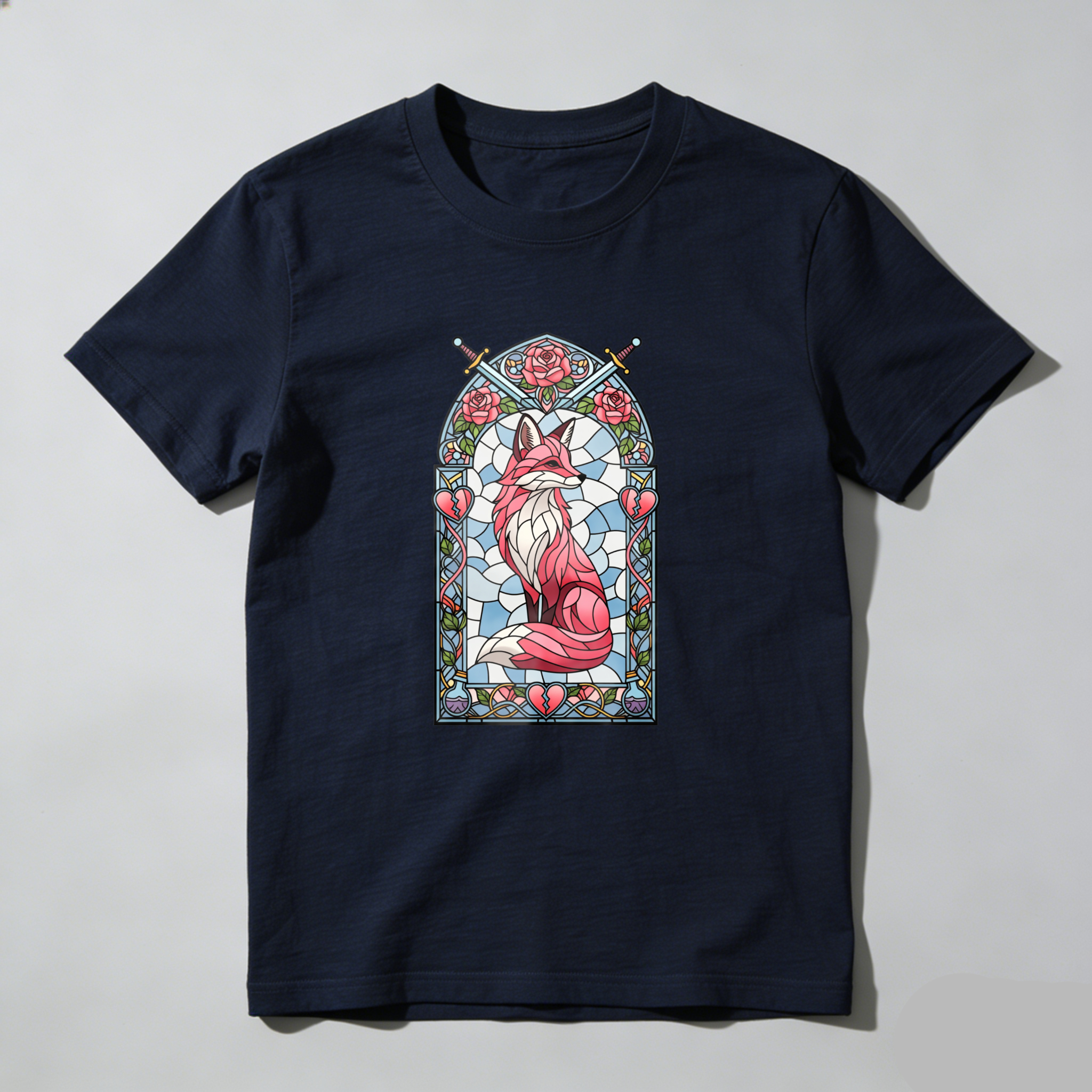 Wardrobecart Stained Glass Fox With Roses And Heart Tshirt