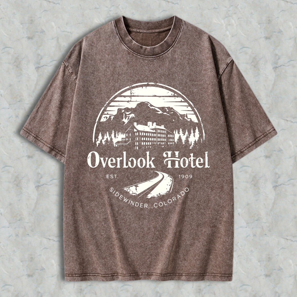 Wardrobecart Overlook Hotel Mountain Scene With Trees And Building Design Unisex Washed T-shirt