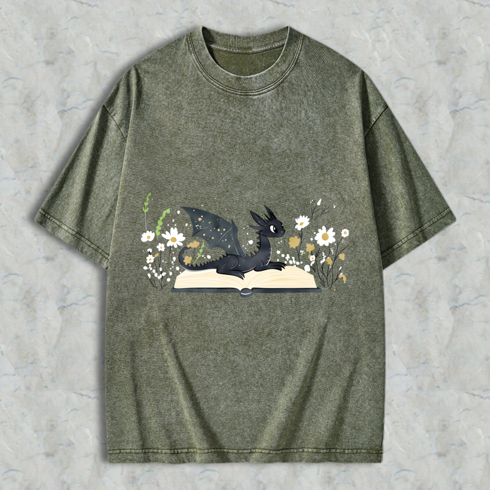 Wardrobecart Dragon Reading Book With Flowers Unisex Washed T-shirt