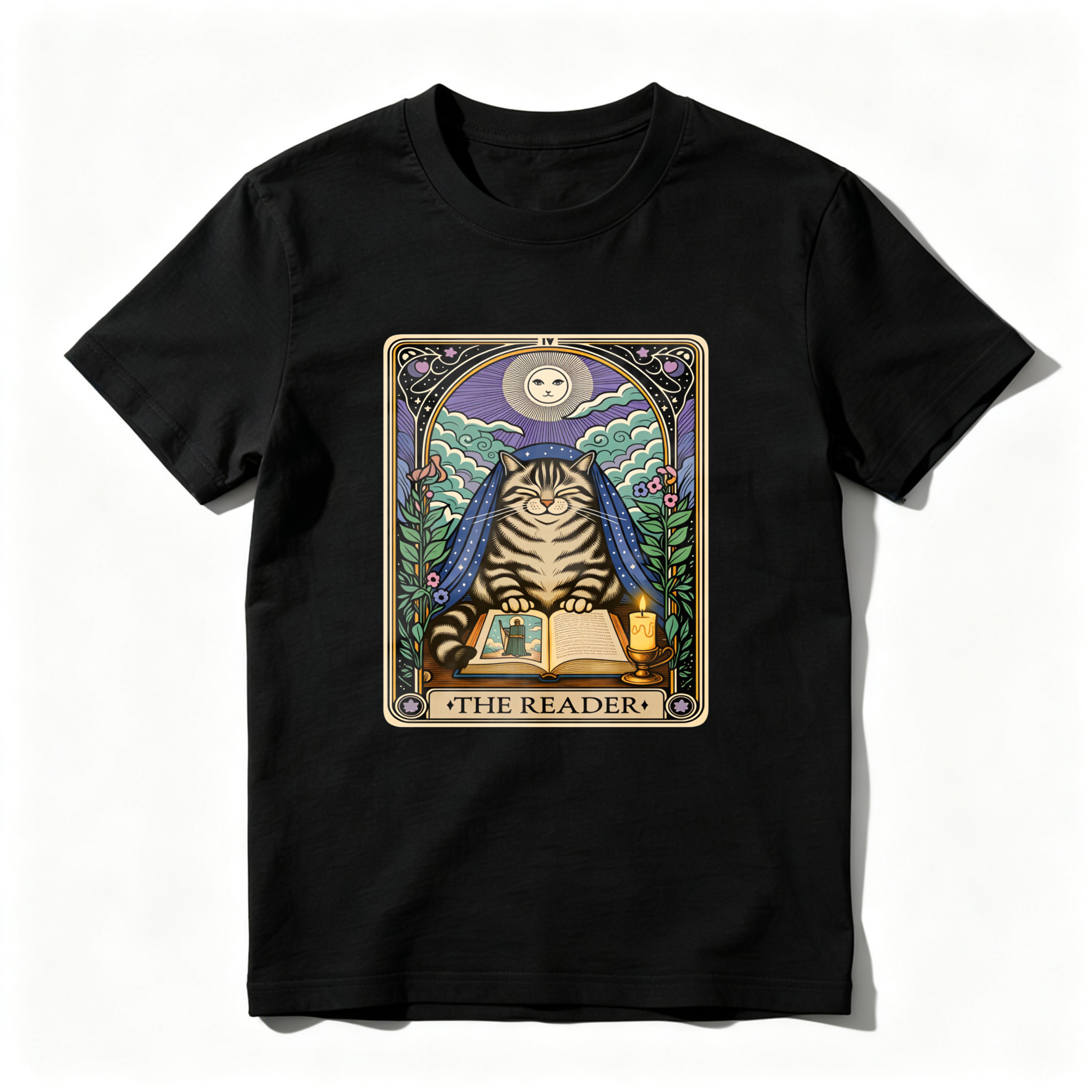 Wardrobecart Cat Reading Book Under Moonlight Tshirt