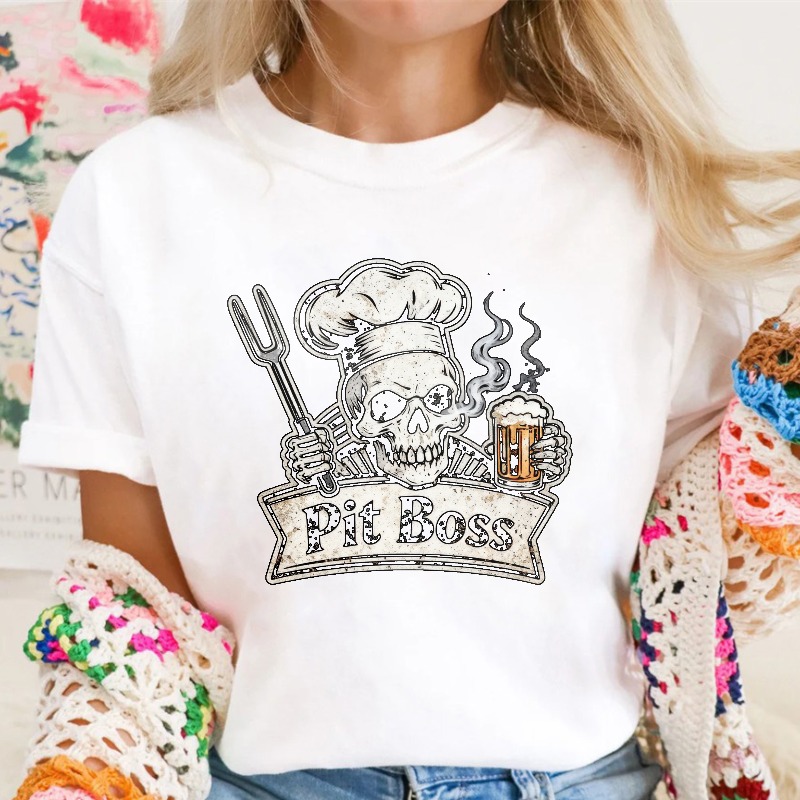 Skull Chef Holding Fork And Beer Mug Pit Boss Unisex Classic T-shirt