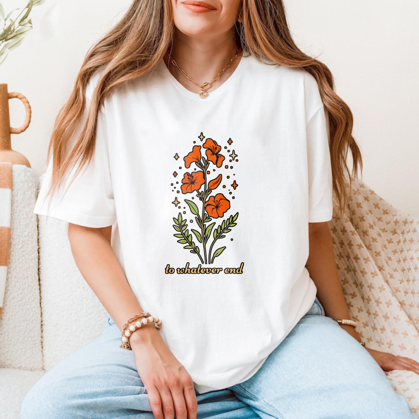 Wardrobecart Orange Flowers With Green Leaves And Stars tshirt