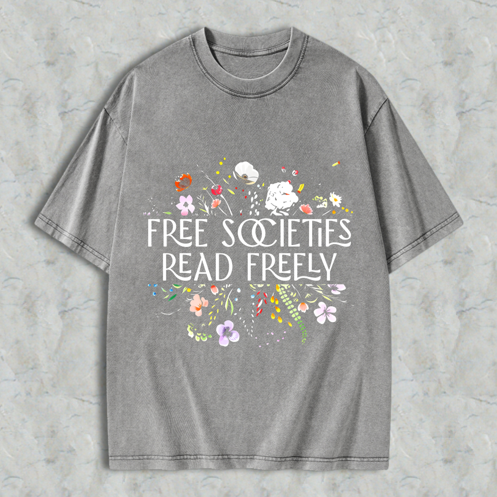 Wardrobecart Free Societies Read Freely Floral Design Unisex Washed T-shirt