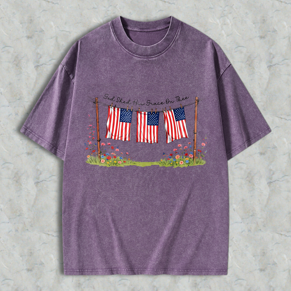 American Flag On Clothesline With Flowers And Text Washed T-shirt