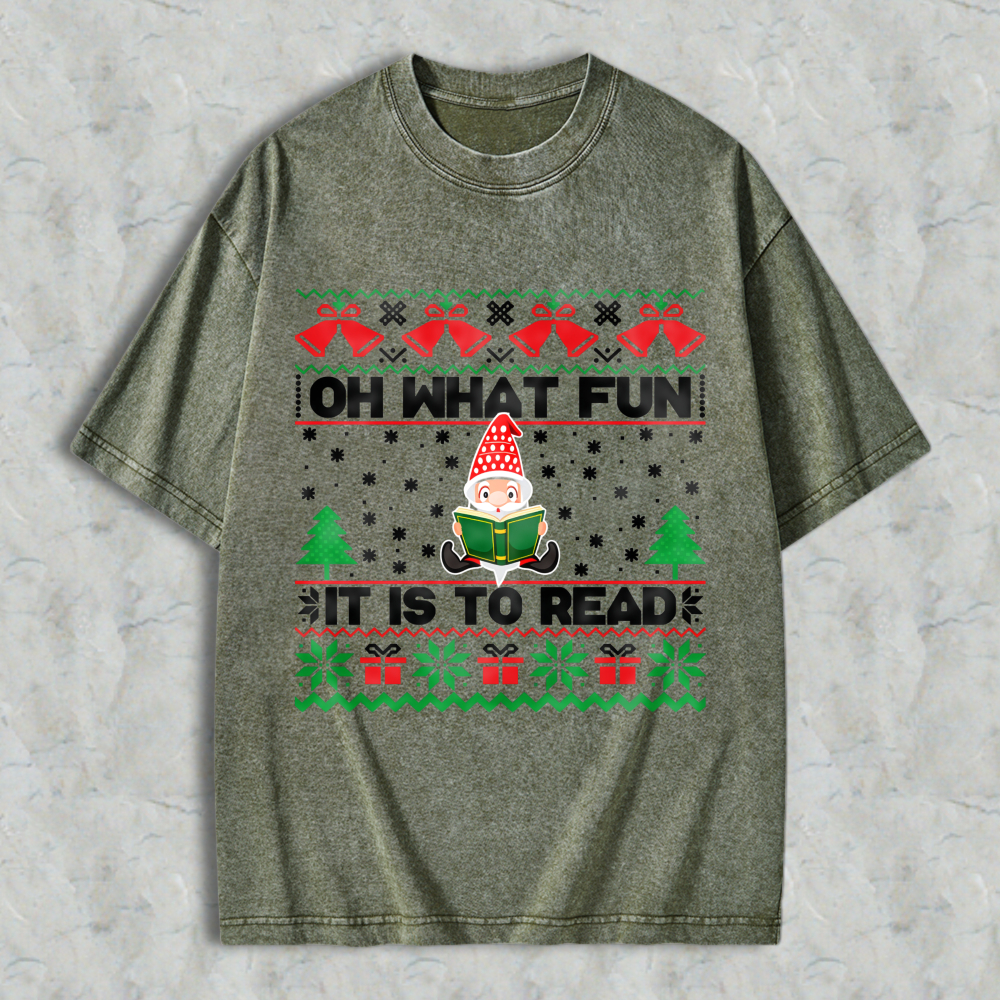 Wardrobecart Christmas Elf Reading Book With Trees And Gifts Pattern Unisex Washed T-shirt