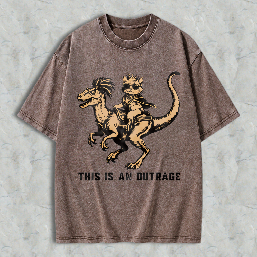 Wardrobecart Cat Riding Dinosaur With Crown And Sunglasses Unisex Washed T-shirt