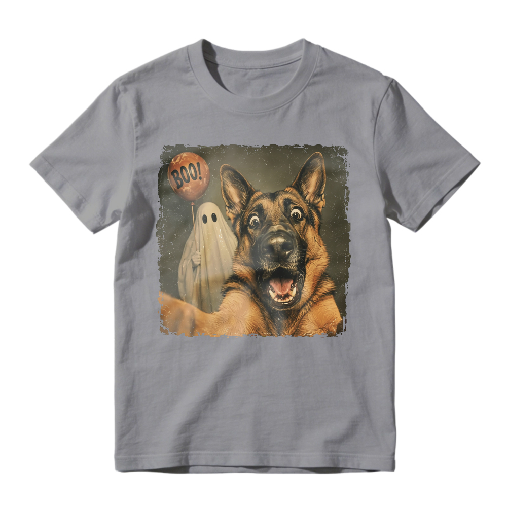 Halloween German Shepherd Dog With Ghost And Boo Balloon Funny Scared Puppy, Unisex Classic T-shirt
