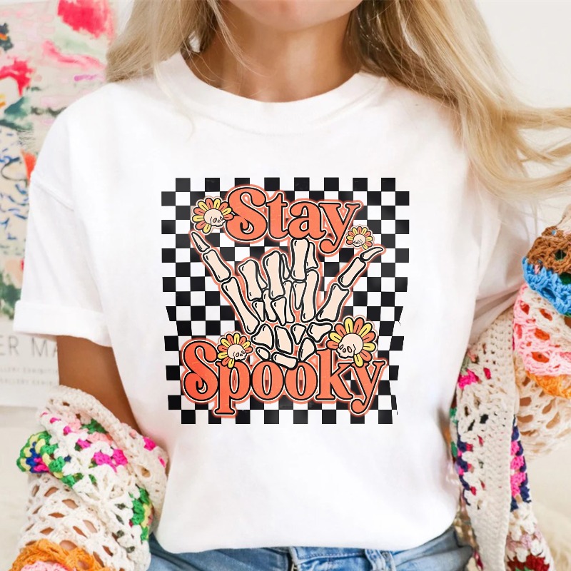 Stay Spooky Skeleton Hand With Flowers On Checkered Background, Unisex Classic T-shirt