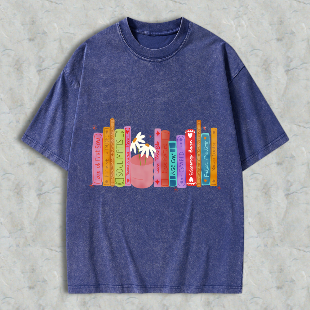 Wardrobecart Colorful Bookshelf With Potted Plant And Book Titles Unisex Washed T-shirt