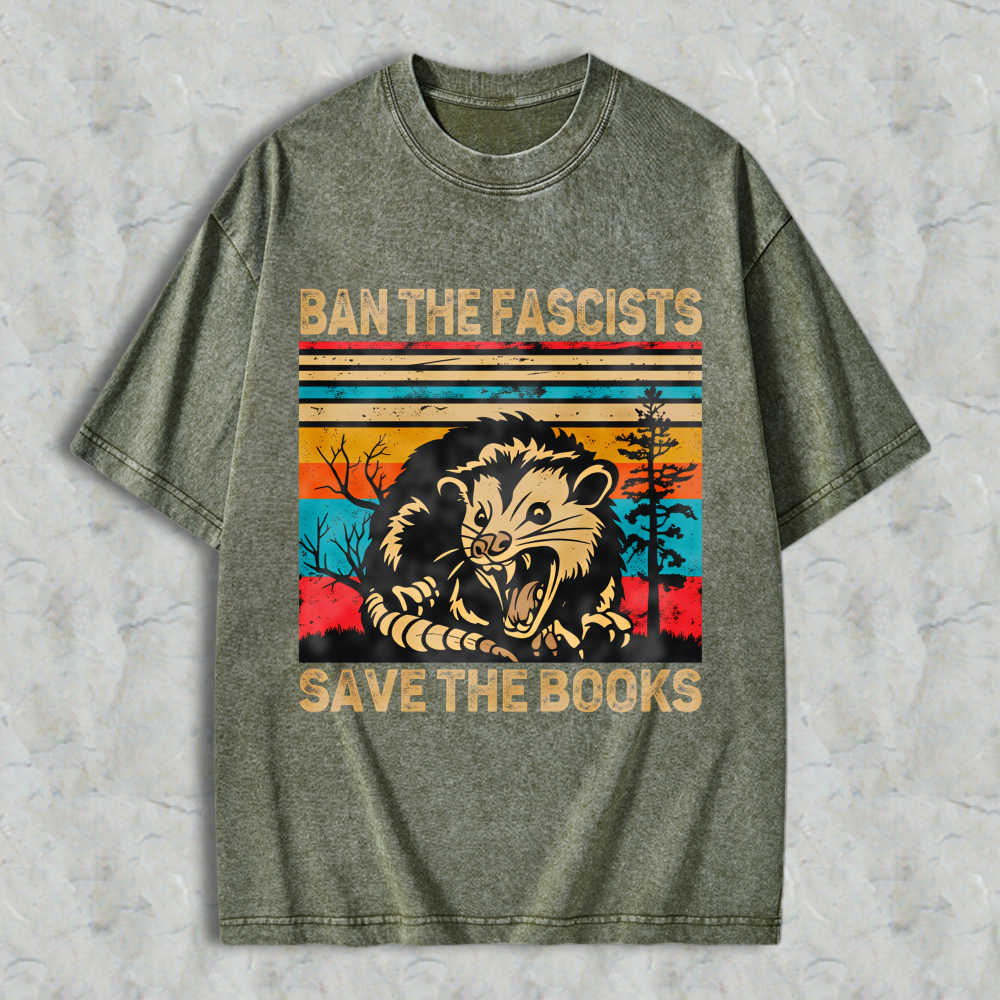 Wardrobecart Ban The Fascists Save The Books Opossum Vintage Design Unisex Washed T-shirt