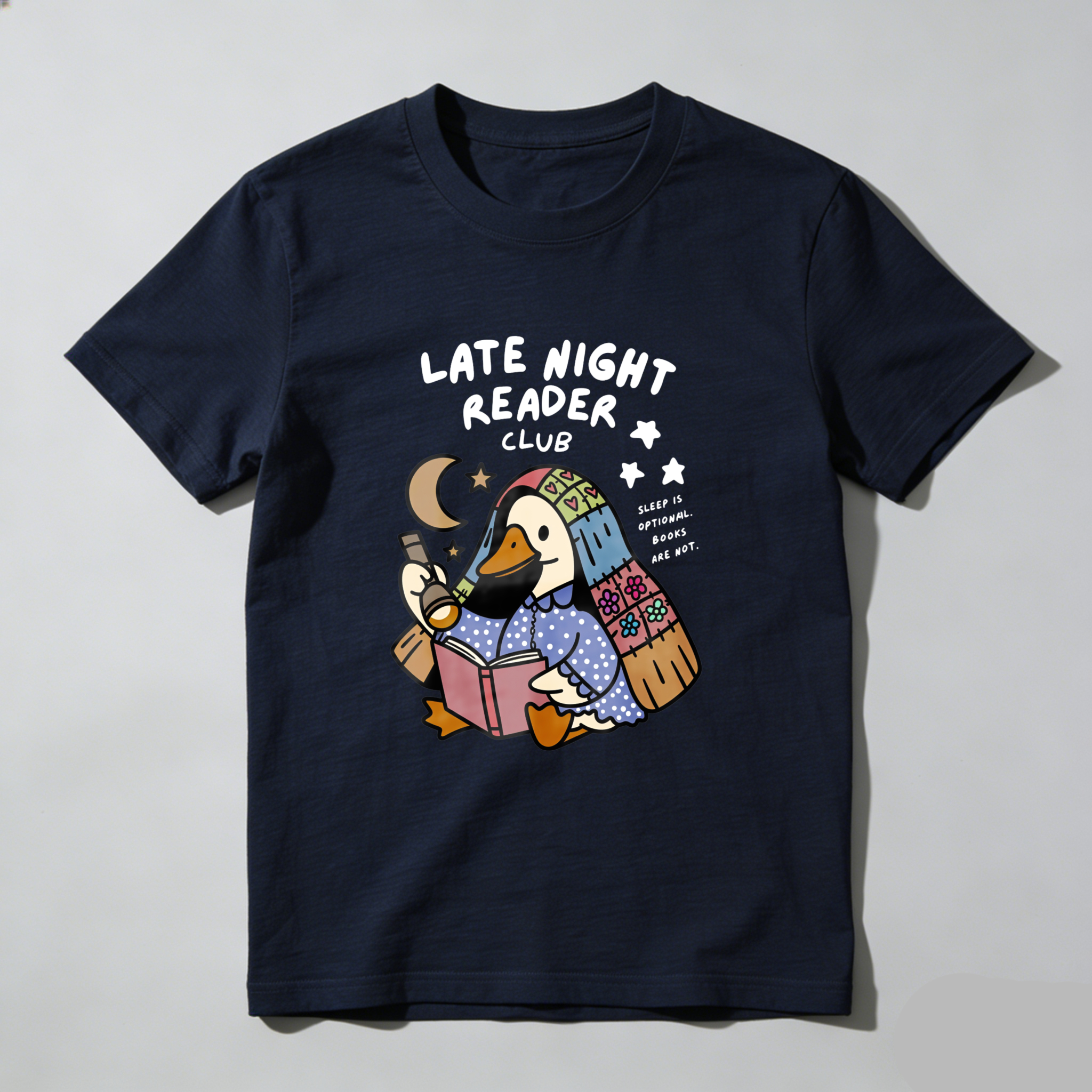 Wardrobecart Late Night Reader Club Duck Reading Book Tshirt