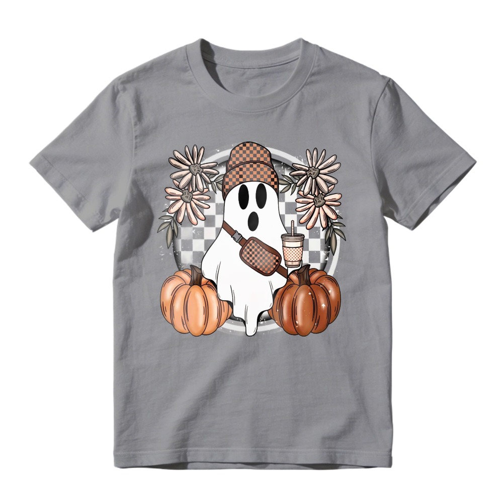 Cute Ghost With Pumpkin And Coffee Cup Floral Frame, Unisex Classic T-shirt