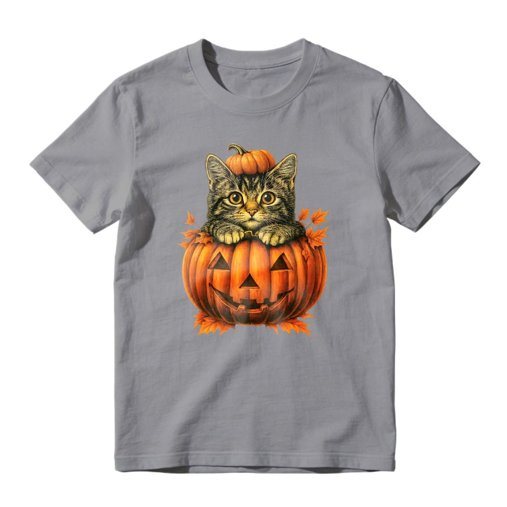Cute Tabby Cat In Carved Halloween Pumpkin With Autumn Leaves, Unisex Classic T-shirt