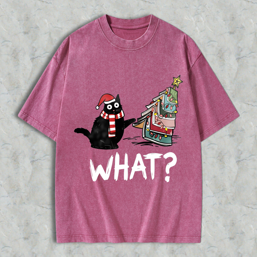 Wardrobecart Cartoon Cat Wearing Santa Hat And Scarf Standing Next To A Christmas Tree With A Star On Top What Question Mark Unisex Washed T-shirt