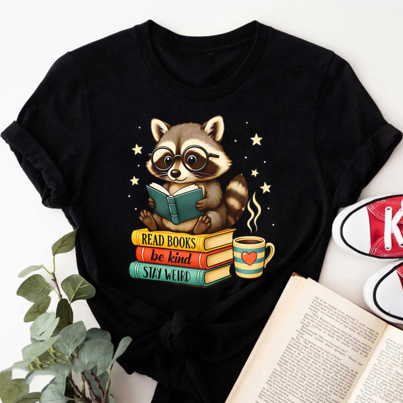 Wardrobecart Raccoon Reading Books With Coffee And Stars Tshirt