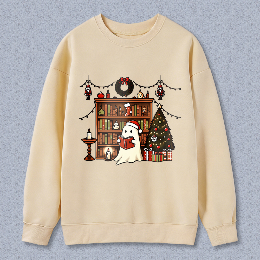 Wardrobecart Ghost Reading Book Christmas Tree Bookshelf Holiday Decor Unisex Classic Sweatshirt