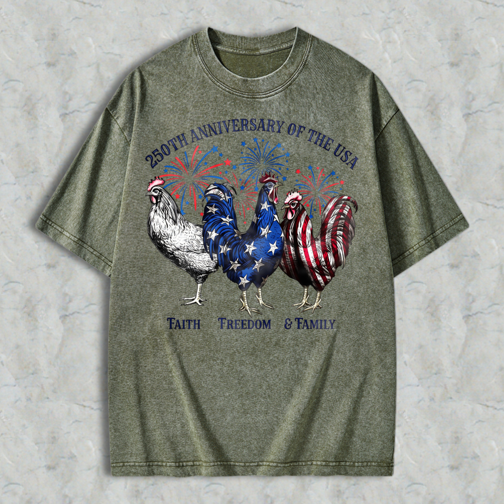 Patriotic Roosters With American Flag And Fireworks 250th Anniversary Of The Usa Washed T-shirt