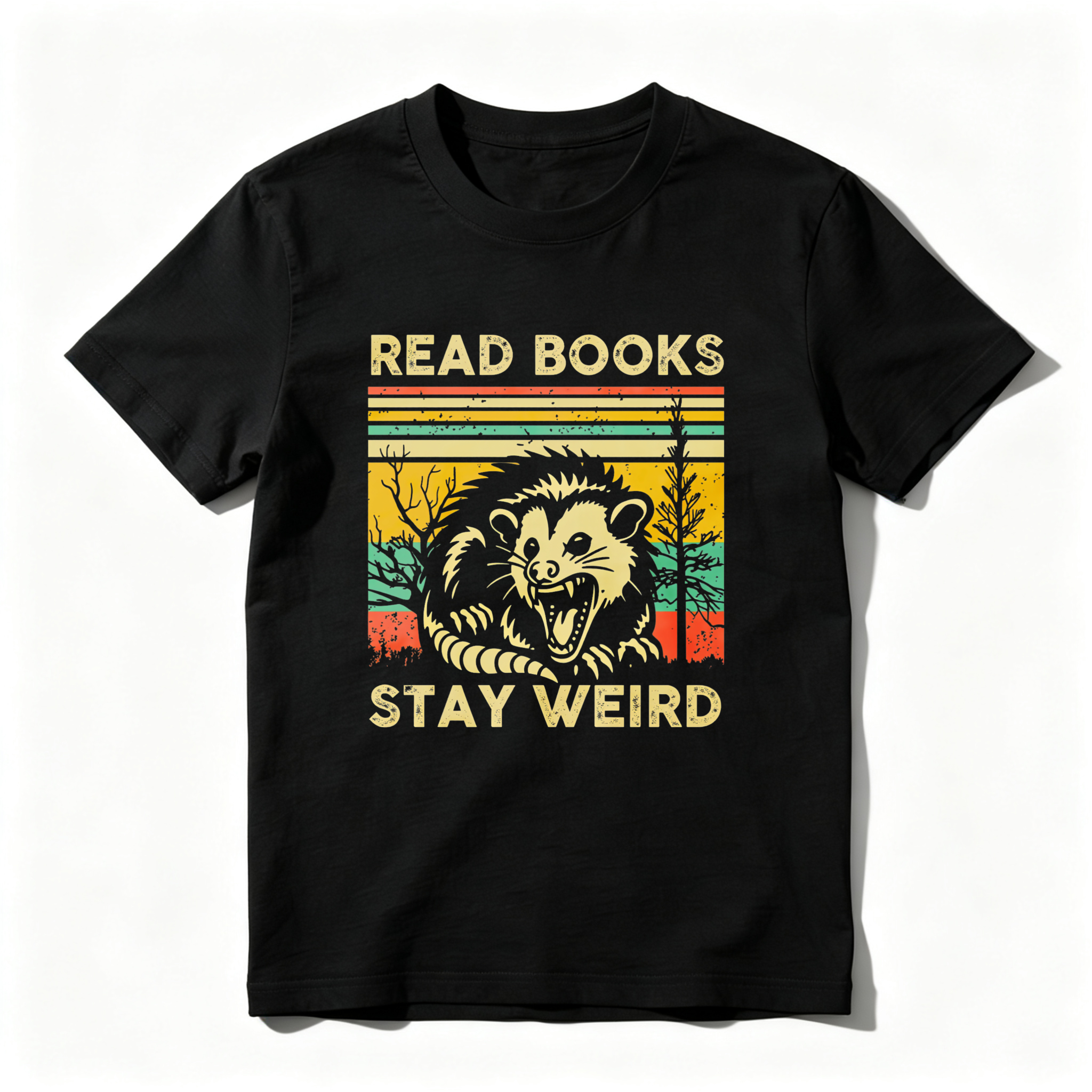 Wardrobecart Read Books Stay Weird Opossum Sunset Trees Tshirt