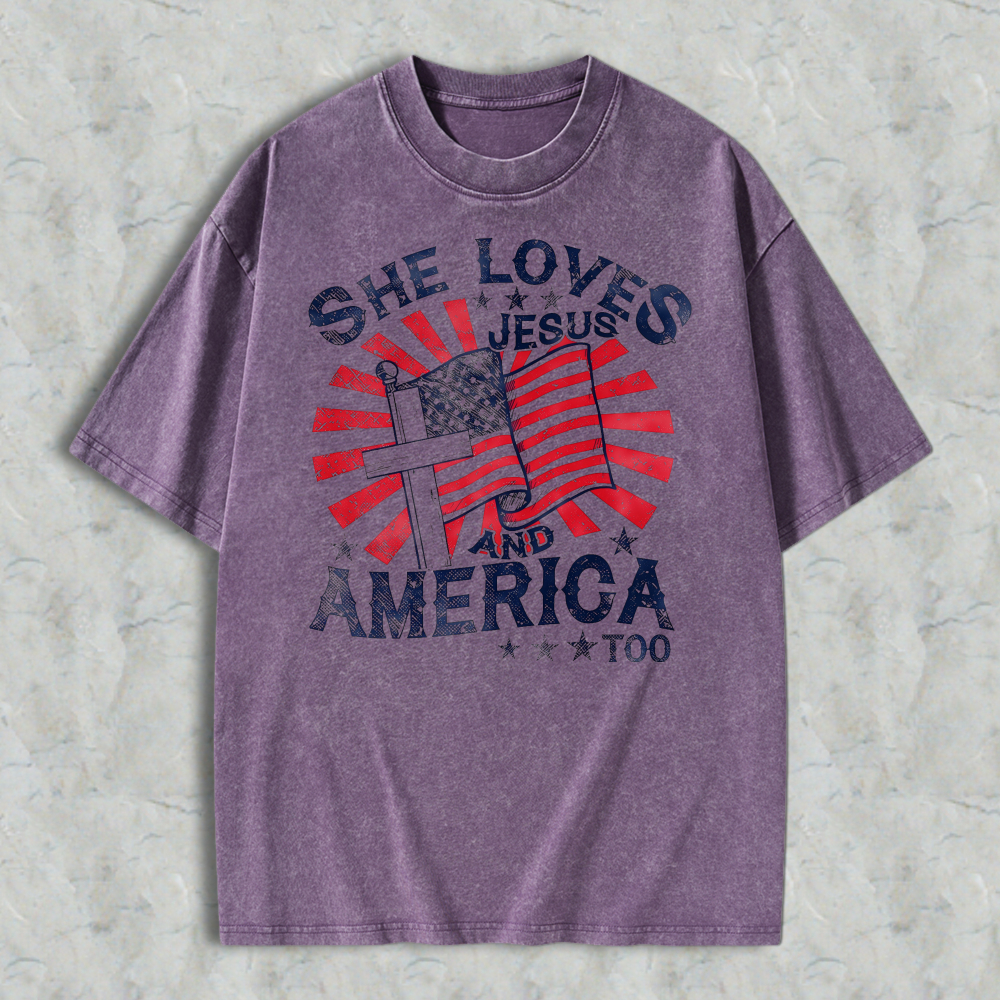She Loves Jesus And America Too Flag Cross Design Washed T-shirt