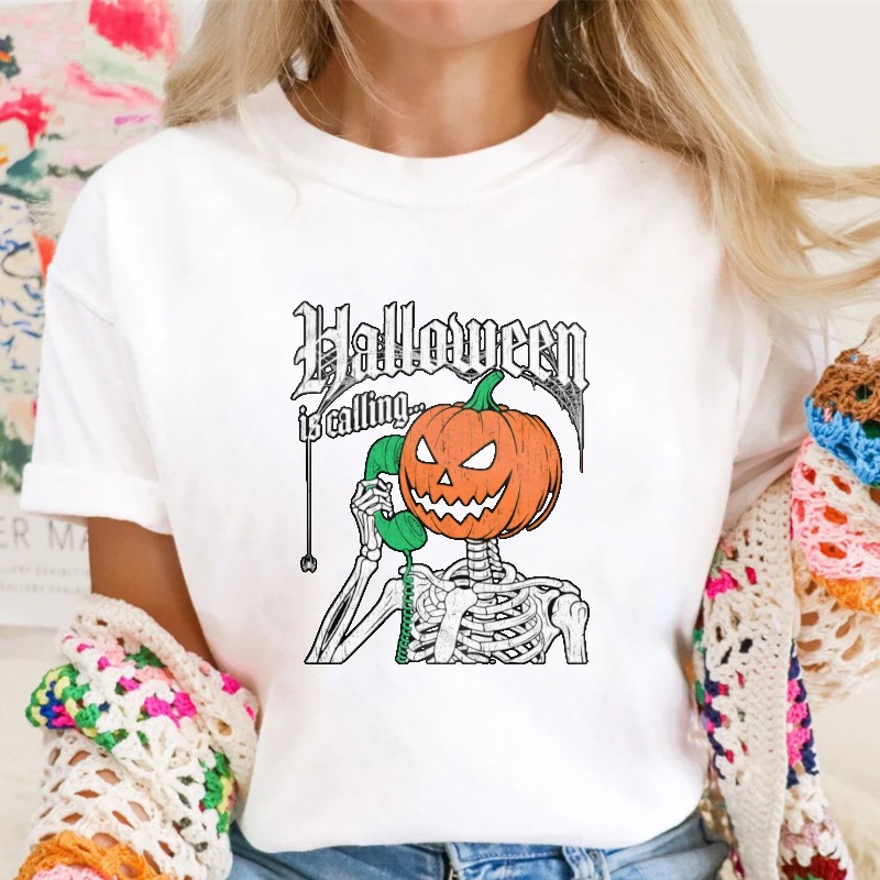 Halloween Is Calling Skeleton Holding Pumpkin Graphic T-shirt
