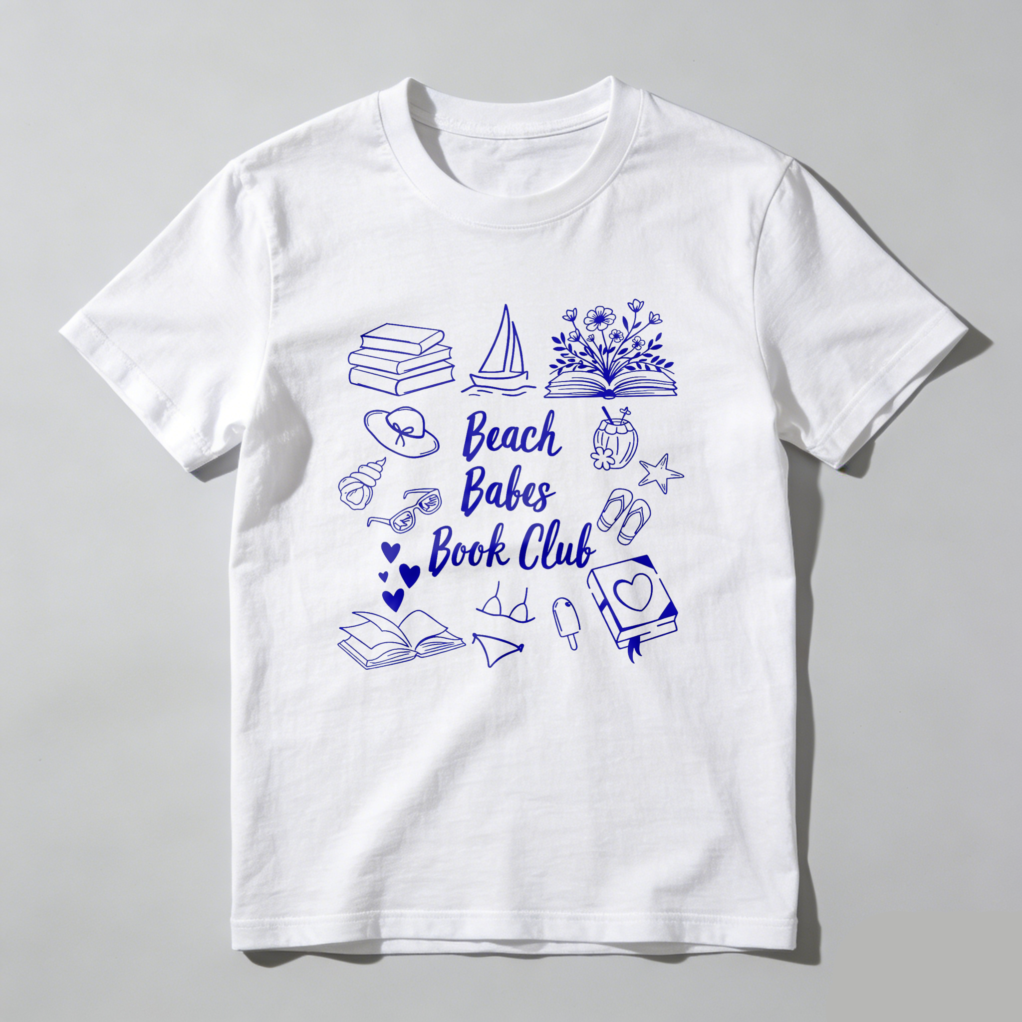 Wardrobecart Beach Babes Book Club Theme With Books And Beach Icons Tshirt 100% cotton