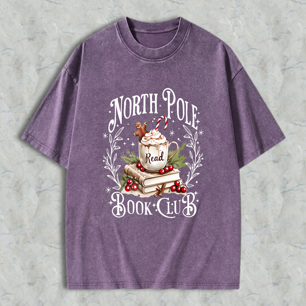 Wardrobecart North Pole Book Club Christmas Reading Theme With Mug Books And Holly Unisex Washed T-shirt