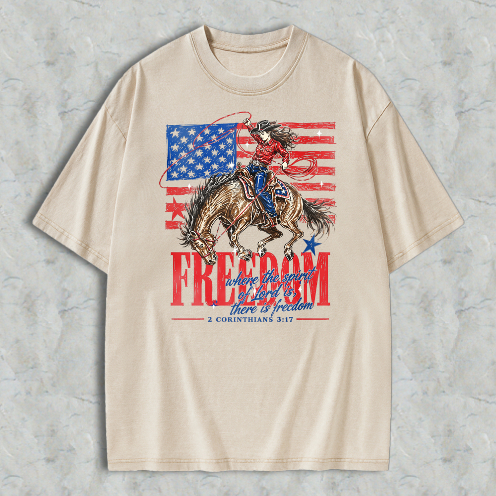 American Flag Cowboy Riding Horse Freedom Washed T-shirt
