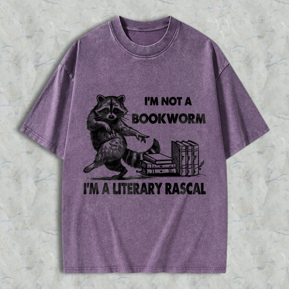 Wardrobecart Raccoon Reading Books I'm Not A Bookworm I'm A Literary Rascal Unisex Washed T-shirt