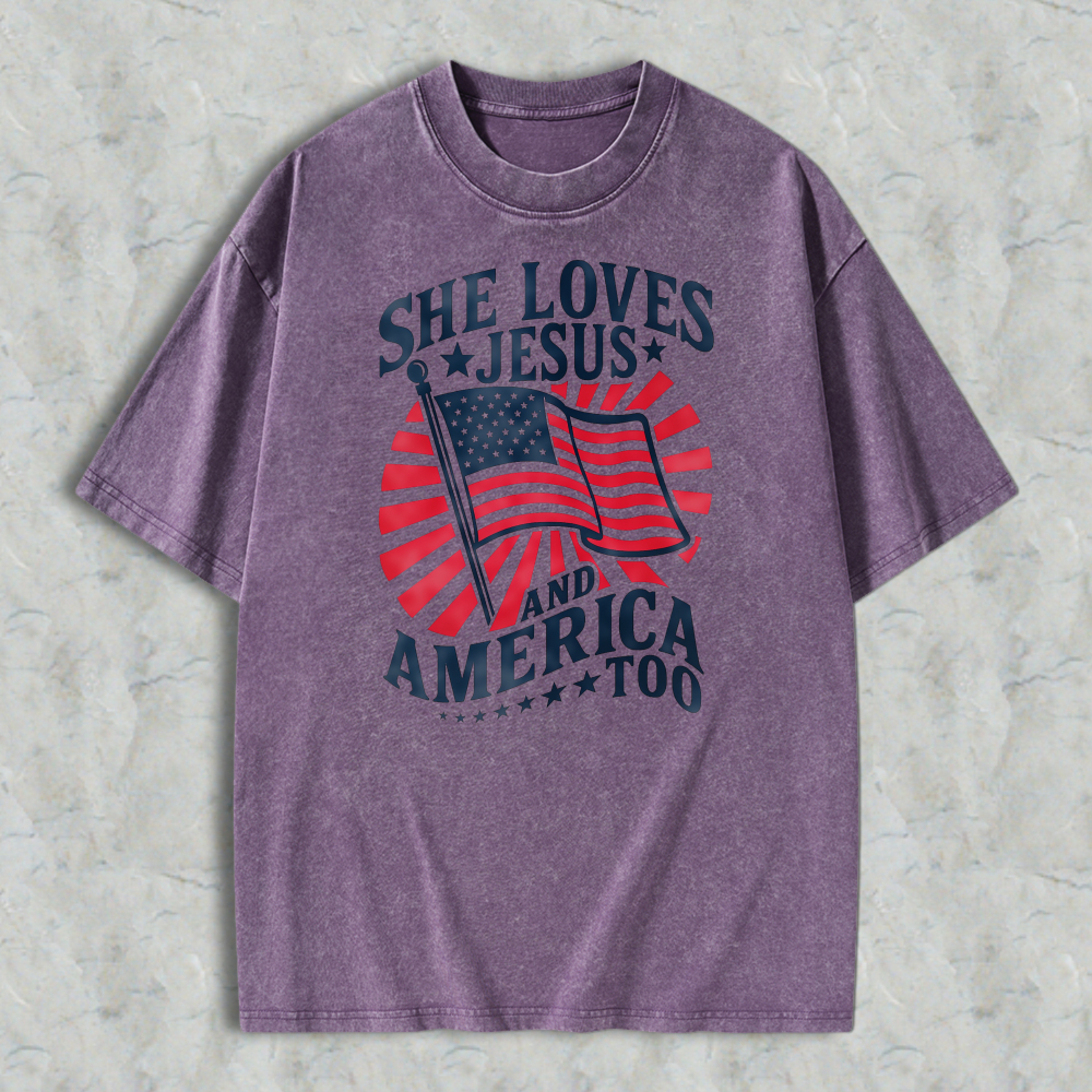 She Loves Jesus And America Too American Flag Design Washed T-shirt