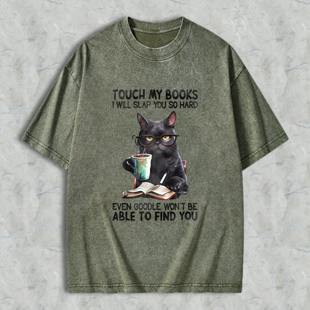 Wardrobecart Cat With Glasses Reading Book And Coffee Unisex Washed T-shirt