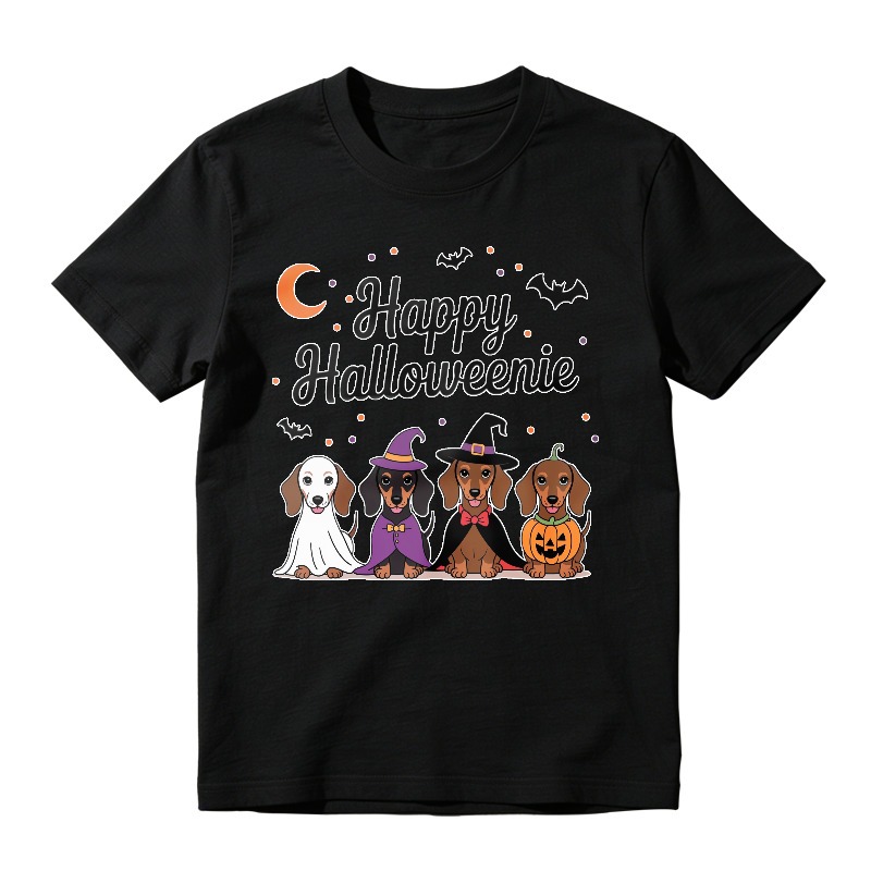 Happy Halloweenie Dachshund Dogs In Ghost Witch And Pumpkin Costumes, Unisex Classic T-shirt