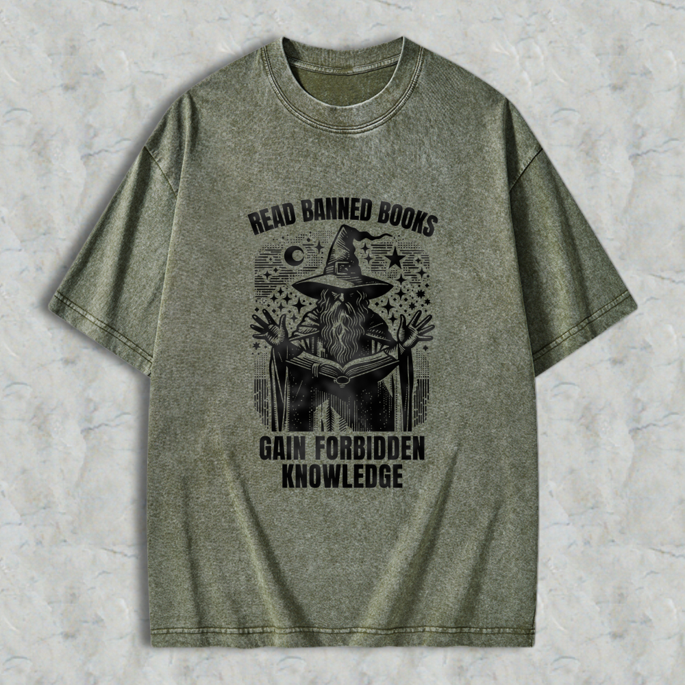 Wardrobecart Read Banned Books Gain Forbidden Knowledge Wizard With Open Book And Stars Unisex Washed T-shirt